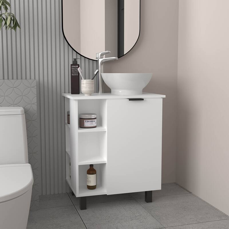 Floating Vessel Sink Bathroom Vanity,Double Doors, And Storage Shelf,White - White