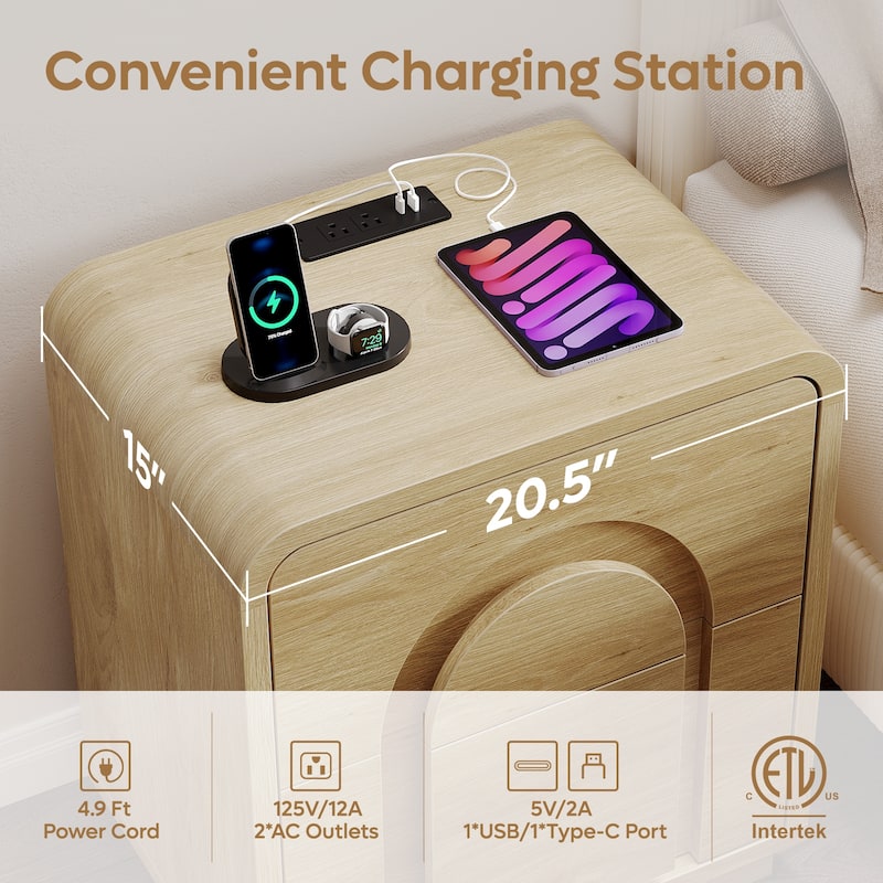 Bestier - Nightstand with 2 Drawers, Charging Station & Arched Design, Embossed Bedroom End Table for Bedroom - Set of 2