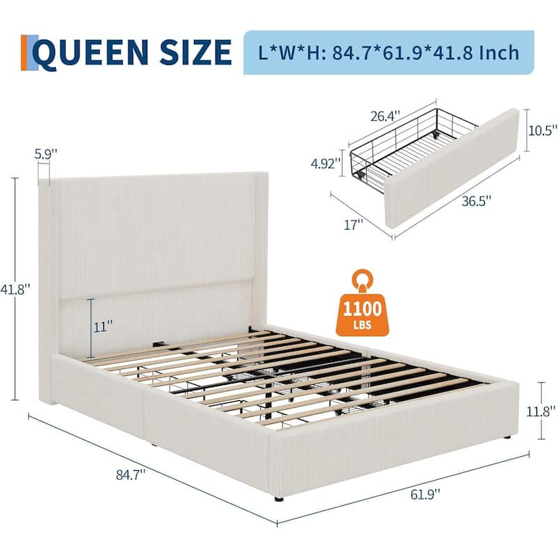 Bed Frame, with 4 Storage Drawer and Headboard
