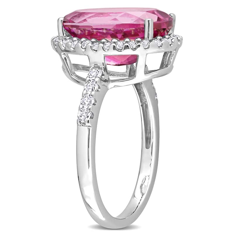 Miadora Oval-cut Pink and White Topaz Halo Cocktail Ring in 14k White Gold