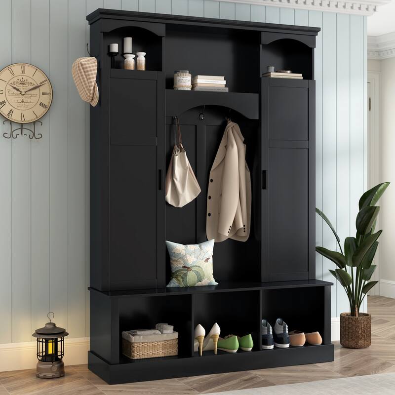 Modern Hall Tree with Adjustable Shelves Dual Cabinets Bench Entryway Organizer - Black