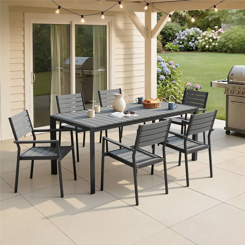 7/9/11-Piece Patio Dining Set Outdoor Aluminum Rectangle Dining Table and Stackable Chairs - Grey - Set of 7