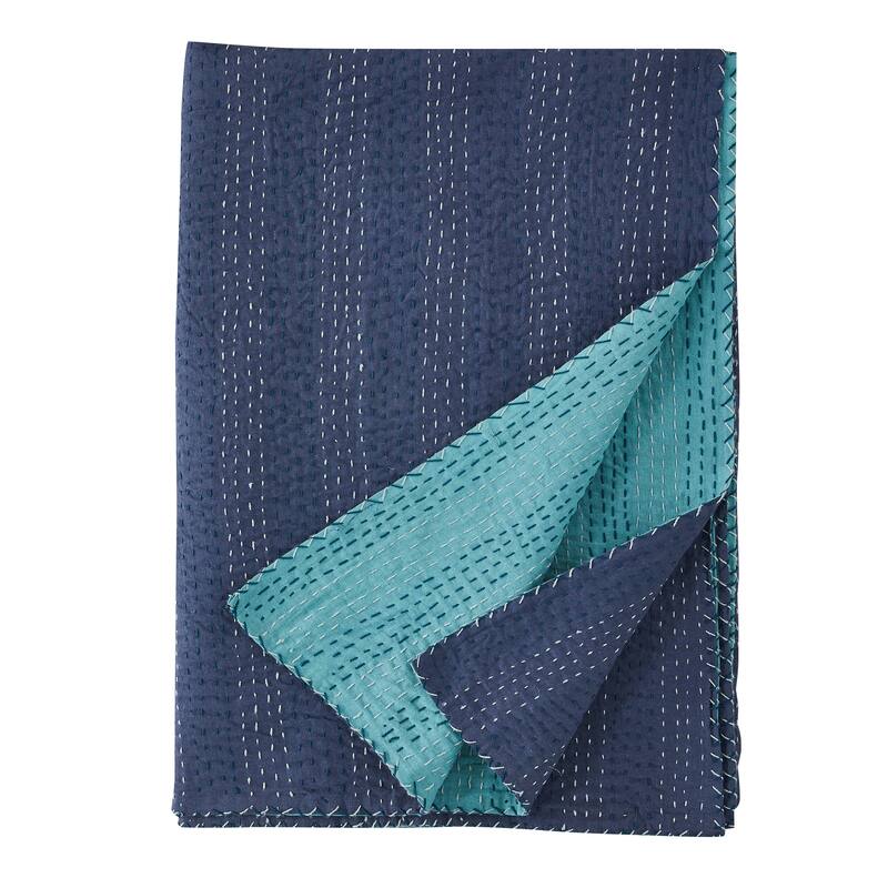 Melange Hand Craft Kantha Collection Soild Reversible Coverlet and Sham - Blue Throw - Twin - 1 Piece
