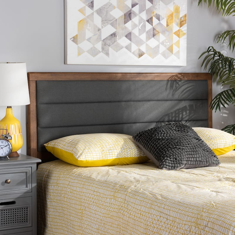 Modern Dark Grey Fabric Upholstered Full Size Headboard with Walnut Wood Frame, Comfortable Padded Design