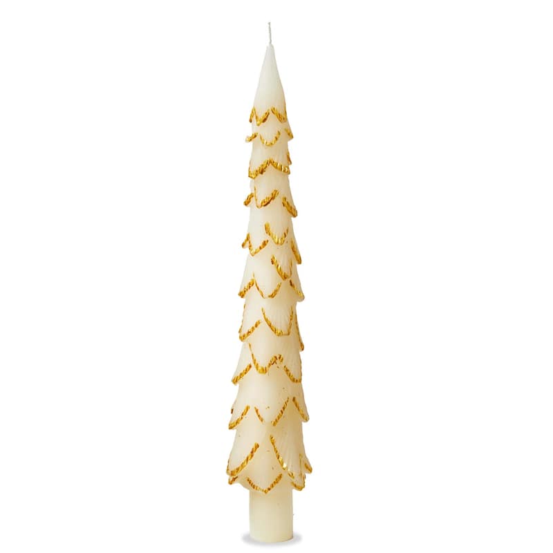 Gilded Pine Tree Ivory Taper Candle Set of 2 Christmas Decor Paraffin Wax 10 Inch Tall Wipe Clean