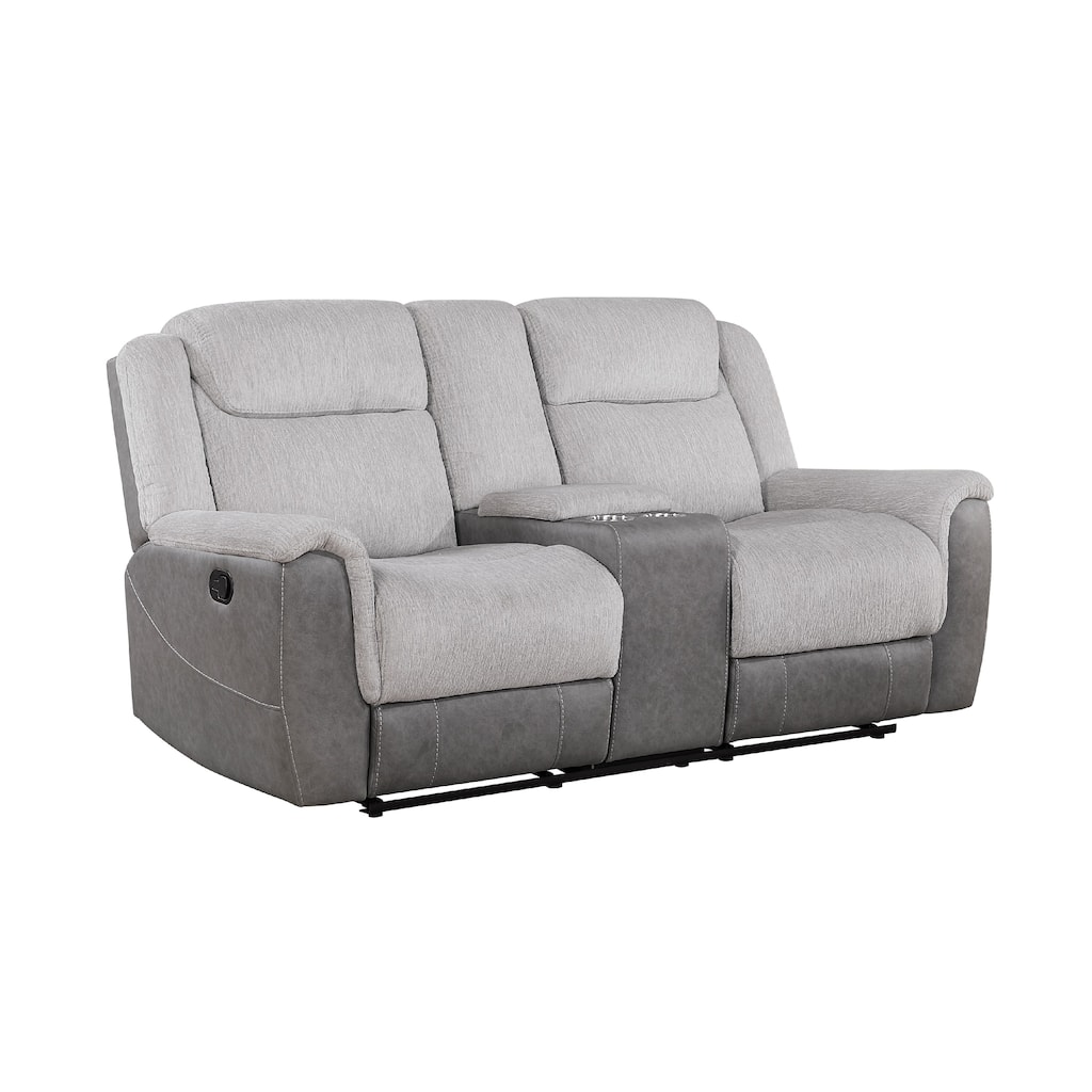 Feo Manual Reclining Loveseat w Console, White Gray Microfiber 76 Inch