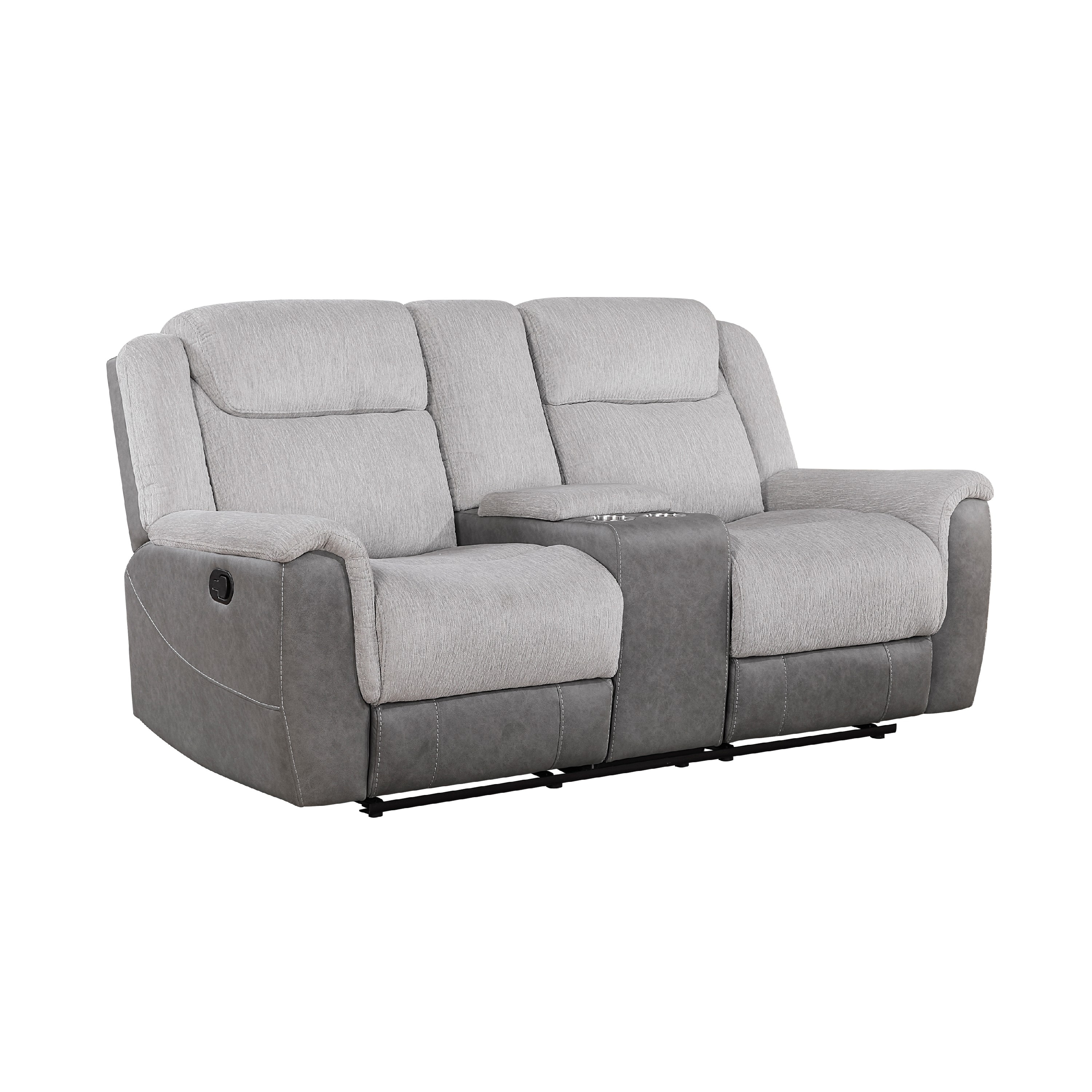 Benjara Feo Manual Reclining Loveseat w Console, White Gray Microfiber 76 Inch