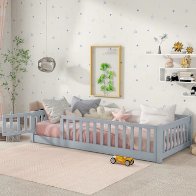 Wooden Floor Bed Frame with Slats Support, Twin Size Kids Floor Bed, Rubber Wood Twin Floor Bed Frame with Fence and Door