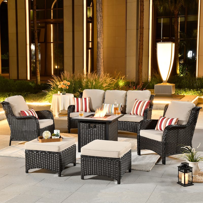 OVIOS 6-piece Patio Wicker Furniture Set With 30" Fire Table - Beige