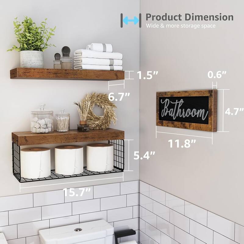 Toilet Bathroom Shelves - Paper Storage Wall Mount, Small Floating Shelves 2+1 Set