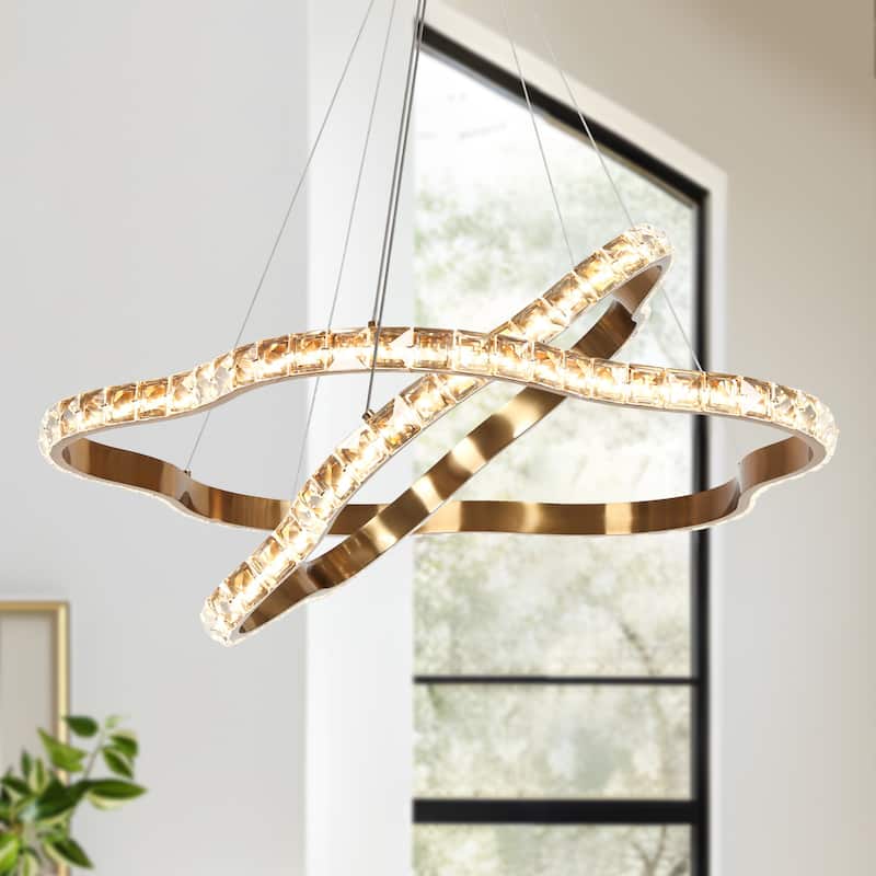 Modern 2-Light LED Crystal Chandelier 2-Tier Ceiling Lights for Dining Room - Dia. 25.6" x H 3"