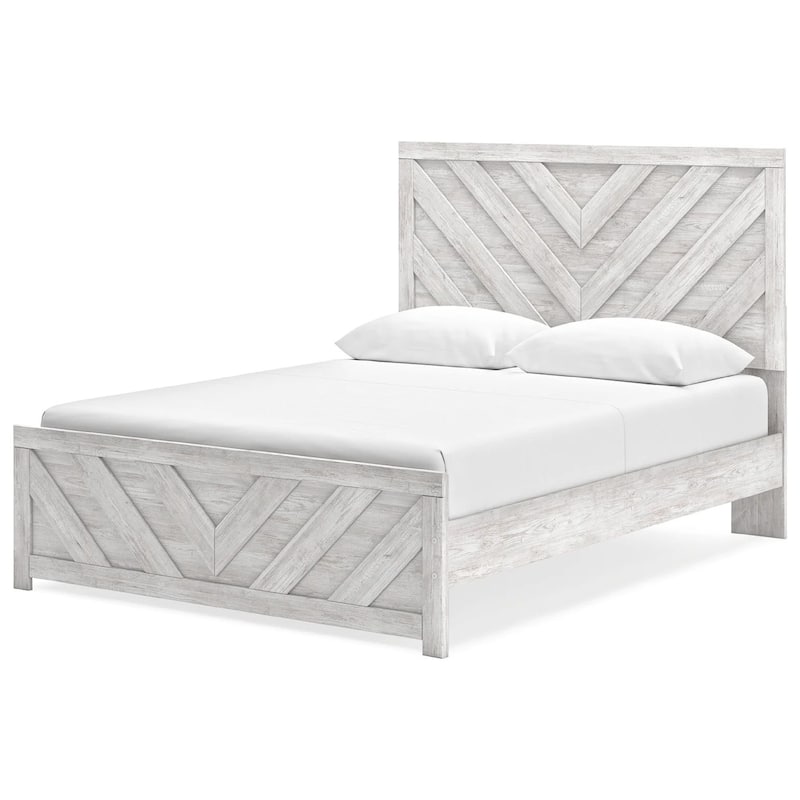 Cany Queen Size Bed, Chevron Pattern, Panel Headboard, Whitewash