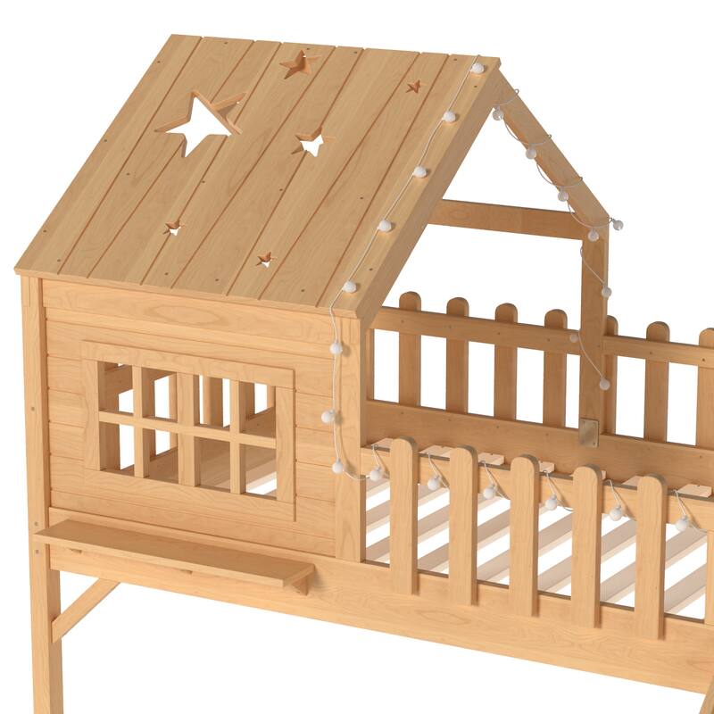 Twin Size House Loft Bed with Slide,Playhouse Bed with Star Moon-shaped Designs and Window, Chic Design with LED Lights