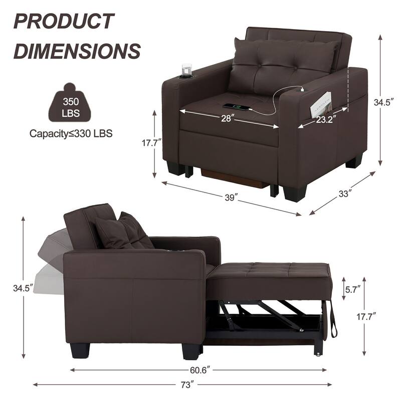 Pull Out Sofa Couch Bed Convertible Sleeper Sofa Bed with Storage Chaise, Sofa Couch