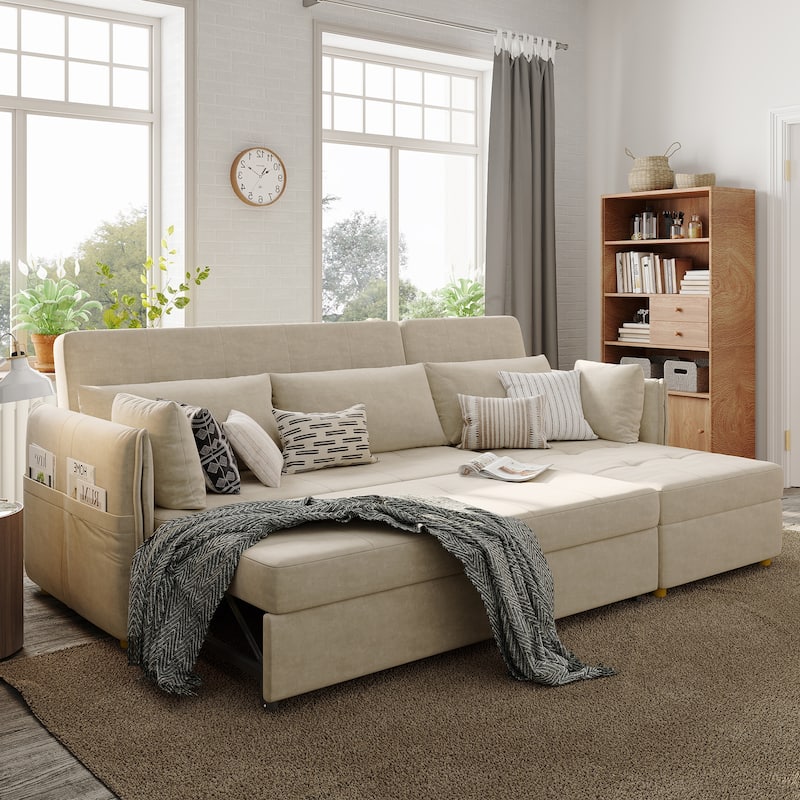 98.43" Modern Minimalist "L" Shape Sofa Bed，Anti-scratch and Water-proof, Solid Wood Frame
