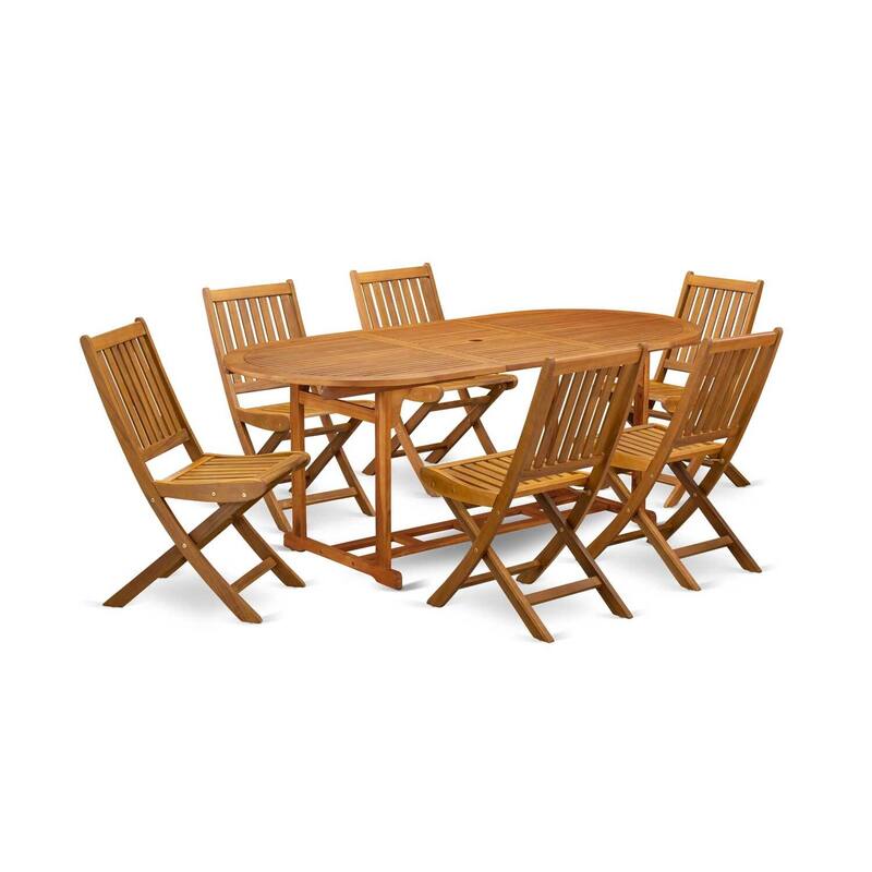 7-Piece Outdoor Patio Furniture Set - 6 Folding Chairs & Coffee Table - Natural Wood Finish - 79