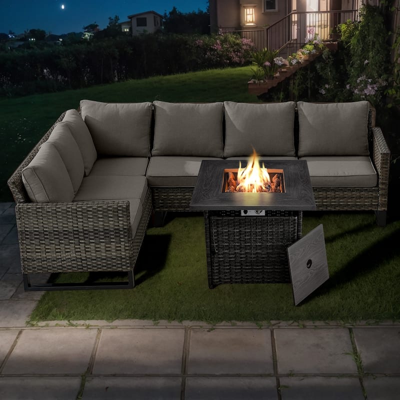 Outdoor Sectional Wicker Sofa with Fire Pit Table - Grey