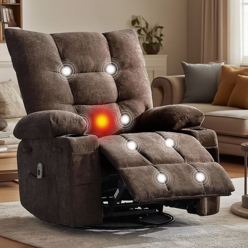 Swivel Rocker Recliner Chair, with Massage and Heat and Side Pocket - Brown - 23D