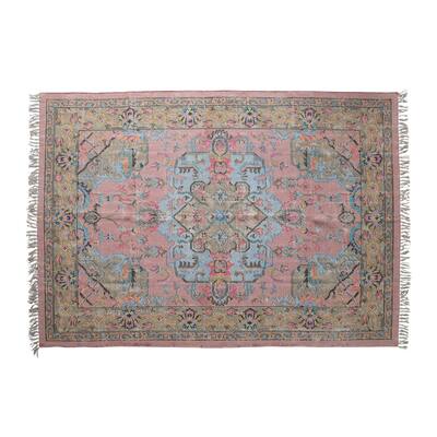 Woven Cotton Distressed Print Dhurrie Rug with Fringe - 96" L x 60" W x 1" H