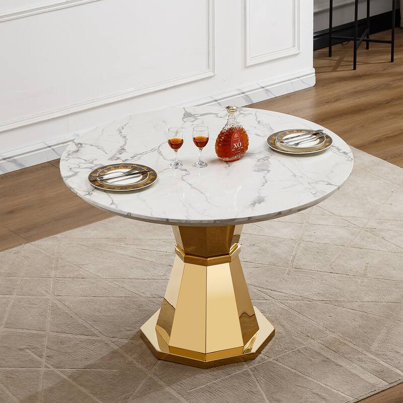 GDFStudio - Jane Series 47" Round Marble Dining Table and Stainless Steel Base for Dining Room, Kitchen