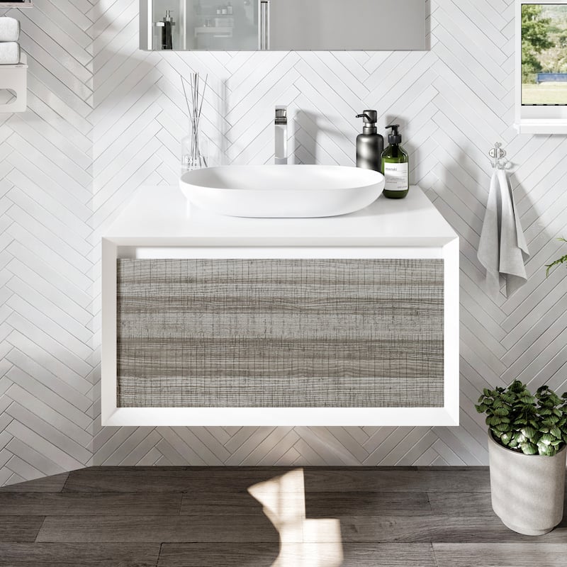 Eviva Santa Monica 36 inch Ash Wall Mount Bathroom Vanity with Solid Surface Vessel Sink