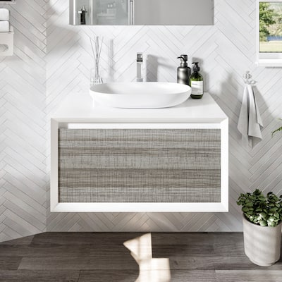 Eviva Santa Monica 36 inch Ash Wall Mount Bathroom Vanity with Solid Surface Vessel Sink