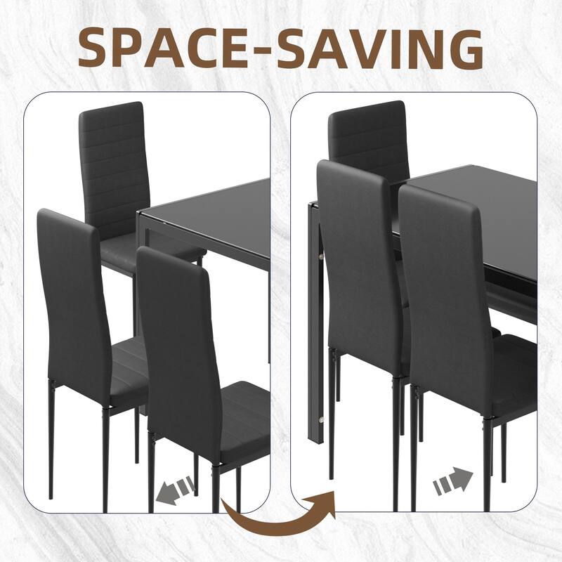 5/7-Piece Glass Top Dining Table Set, Kitchen Table and 4/6 Luxury Faux Leather Chairs, Home Furniture Rectangular Modern, Black