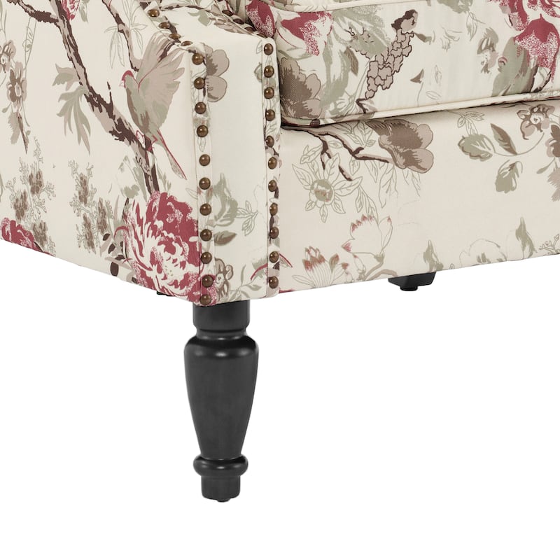 Traditional Floral Patterned Wingback Armchair with Nailhead Trim