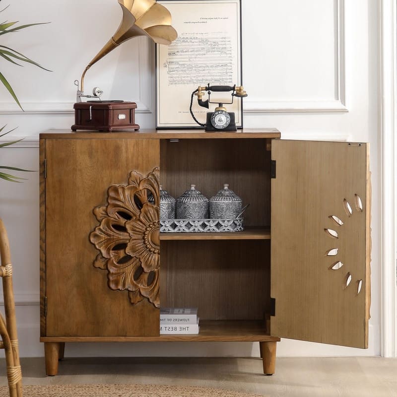 Rustic Solid Wood Sideboard with 2-Door,Accent Storage Cabinet with Floral Design