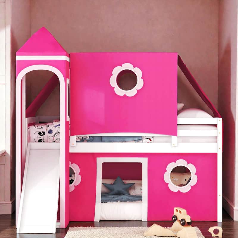 Kids Loft Bed with Slide, Tent and Tower, Solid Wood Castle Playhouse Loft
