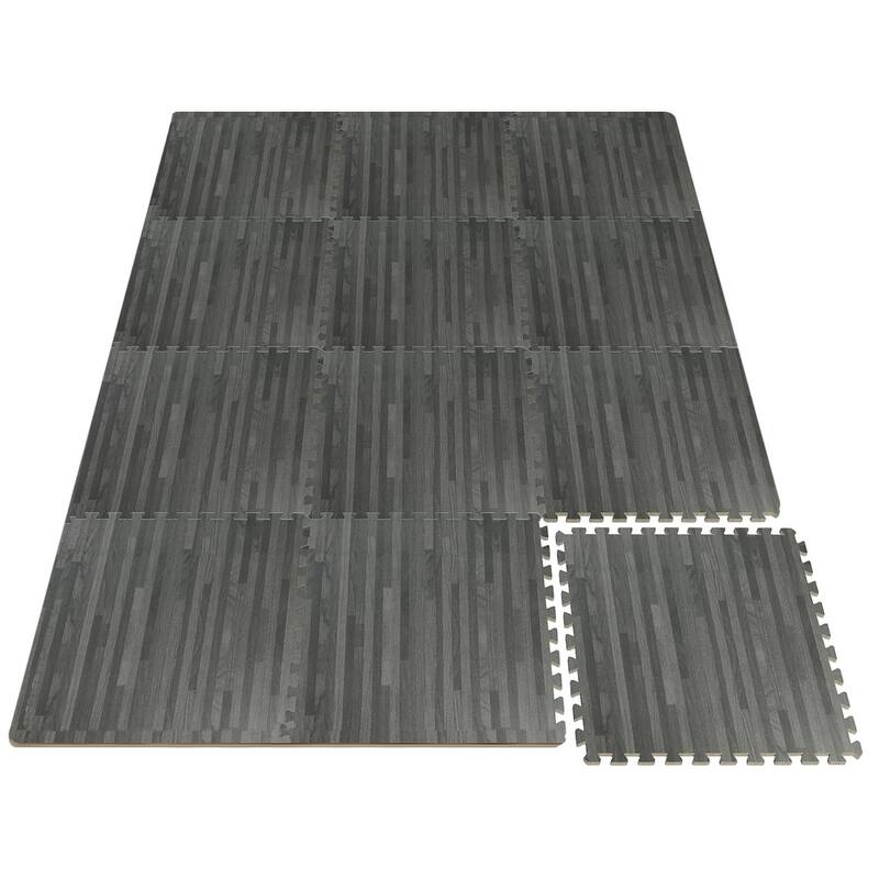 Interlocking Floor Mat - Gray Wood Print, 12 Pieces and Borders