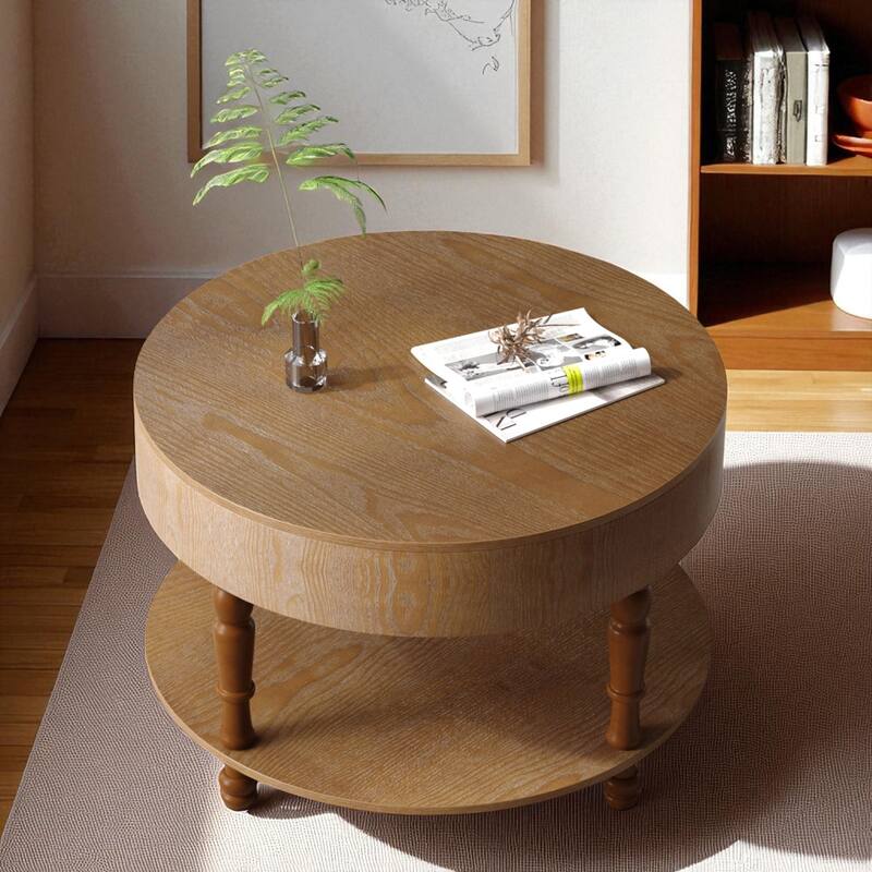 31.5" Round Coffee Table with Dual Storage, Modern 2-Tier Wood Accent Table with Hidden Compartment & Adjustable Feet