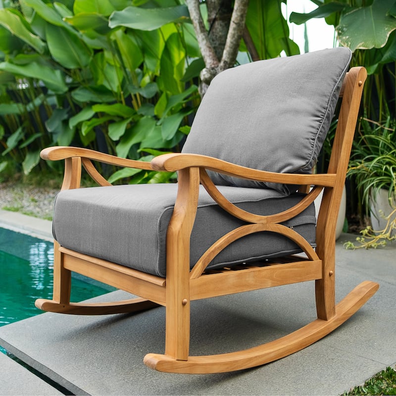 Cambridge Casual Lowell Teak Outdoor Rocking Chair with Cushion - Natural Teak/Gray Cushion