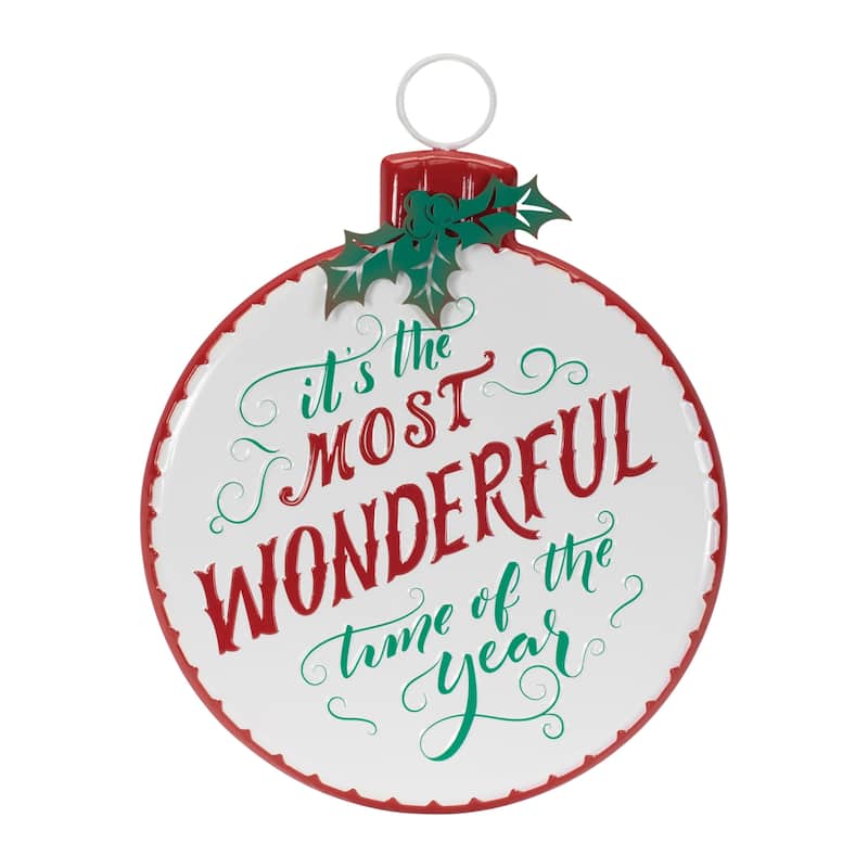 Festive Metal Holiday Ornament Sign with “Most Wonderful Time of the Year” Christmas Season Quote - 14”L x 1”W x 18”H
