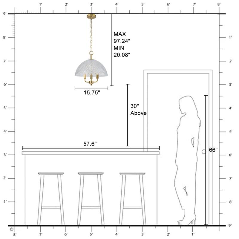Brushed Gold 3-Light Pendant Light with Half-Dome Grid Shade Dining - Dia.15.75-in