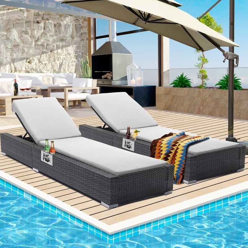 FINCATI Outdoor Oversized Chaise Lounge Chair, 500 lbs Luxury Patio Adjustable 5-Position Wicker Lounger for Pool (Set of 2) - Light Grey