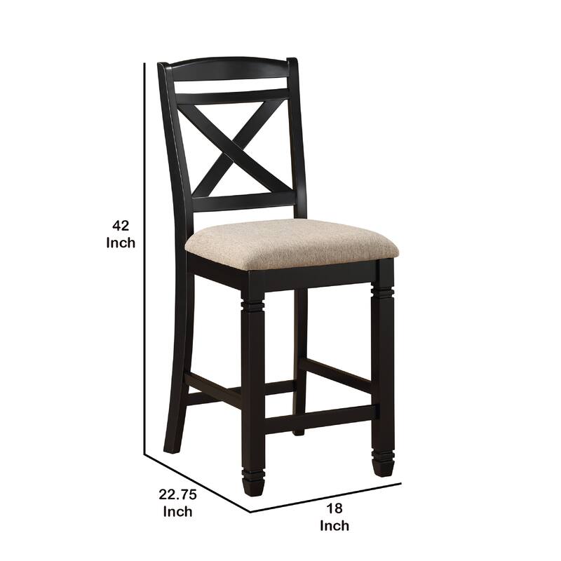 Fabric Upholstered Set of 2 Wooden Counter Height Chairs with X Design Backrest, Brown