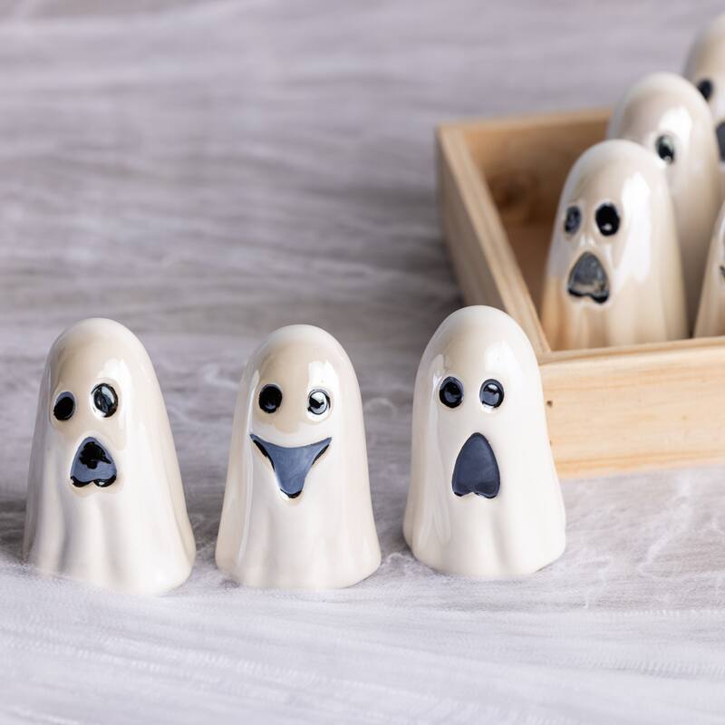 Transpac Dolomite 7.75 in. White Halloween Pearlescent Ghost Figurine In Display Set of 12