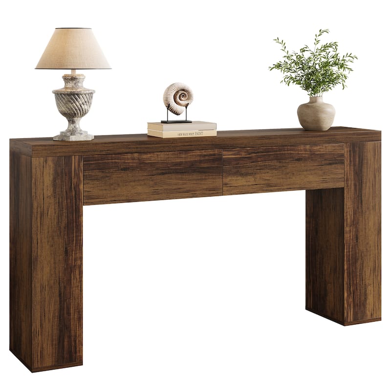 63" Wood Console Table With Drawers, Rustic Brown Sofa Console Table