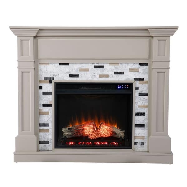 slide 2 of 3, 48" Gray and White Electric Fireplace with Marble Surround