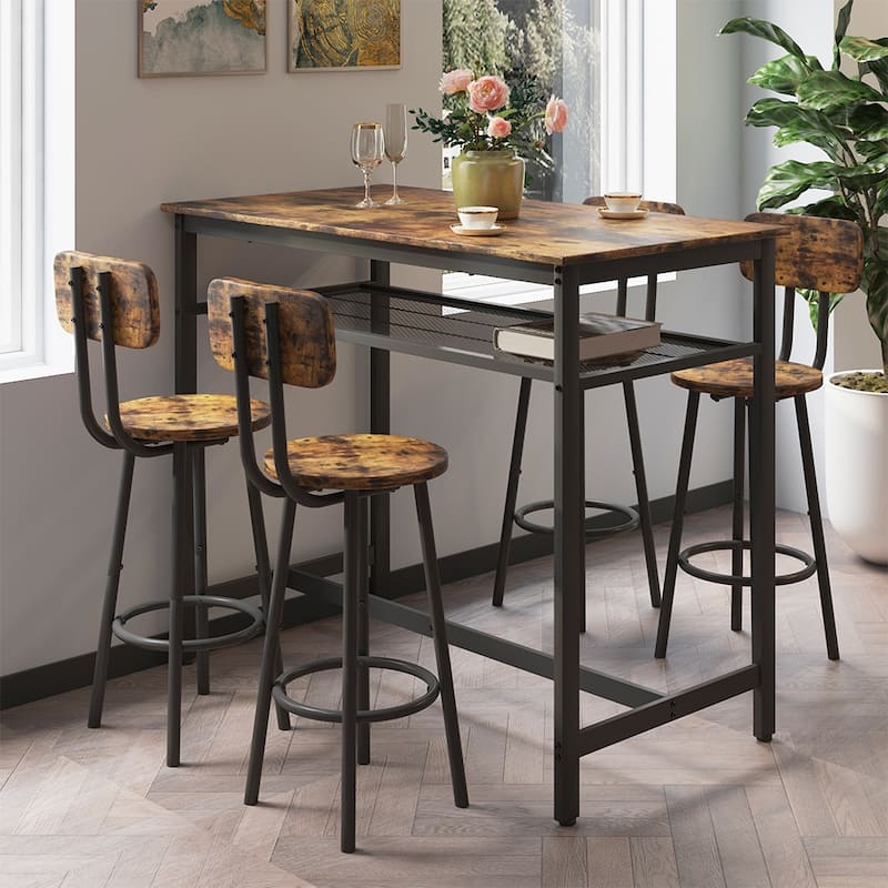 5-Piece Industrial Dining Table Set with Metal Shelf, 4 Bar Stools