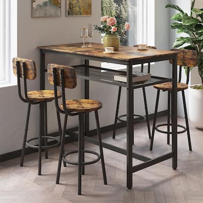 5-Piece Industrial Dining Table Set with Metal Shelf, 4 Bar Stools