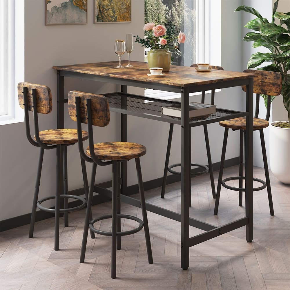 5-Piece Industrial Dining Table Set with Metal Shelf, 4 Bar Stools