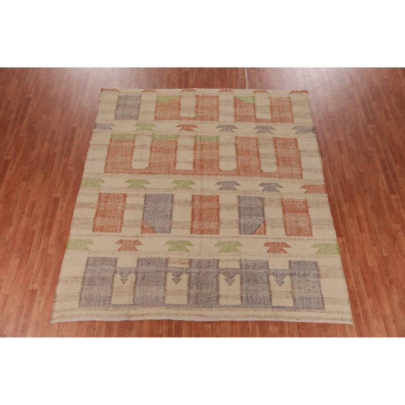 Hand Woven Oriental 100% Jute Carpet Southwestern Modern Beige & Ivories Kilim Area Rug - 9' 7'' X 8' 9''