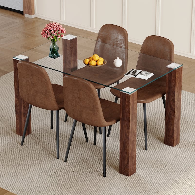 5-Piece Glass Dining Table Set for 4, Modern 49.6" Rectangular Kitchen Table Set with 4 Fabric Brown Chairs for Dining Room - Brown+Black,Transparent,Walnut