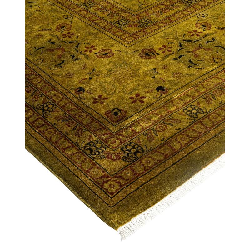 Overton Hand Knotted Wool Vintage Inspired Modern Contemporary Overdyed Green Area Rug - 9' 2" x 12' 4"