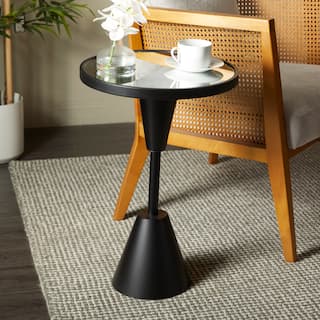 Black Metal Pedestal Base Accent Table with Mirrored Glass Top