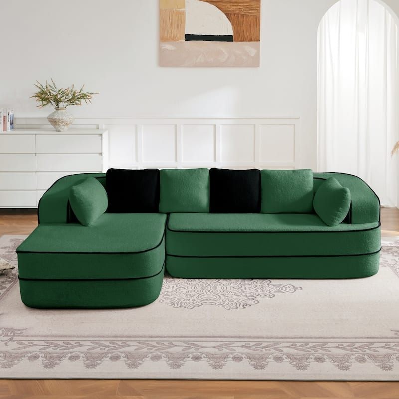105.9" Modular L-shaped Teddy Velvet Sectional Sofa with Chaise and Curved Armrest - Green - Right Facing