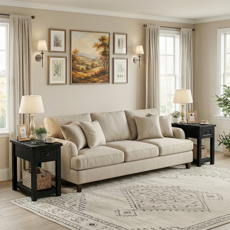 Farmhouse End Table with Wood Drawers and Charging Station, Sofa Side Table, Nightstand