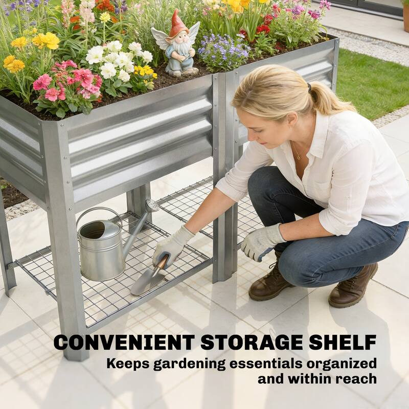 Outsunny Galvanized Steel Raised Garden Bed with Storage Shelf and Bed Liner, Elevated Planter Box with Legs